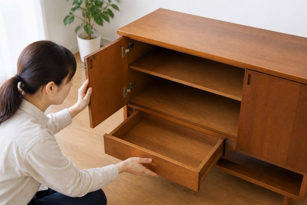 中古キャビネットの扉や引き出し、棚板の状態を確認する様子
