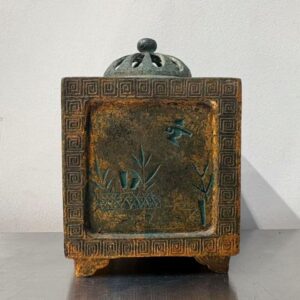 宝玉造　鋳銅　竹鳥紋　角香炉　銅製香合　香炉　香立て