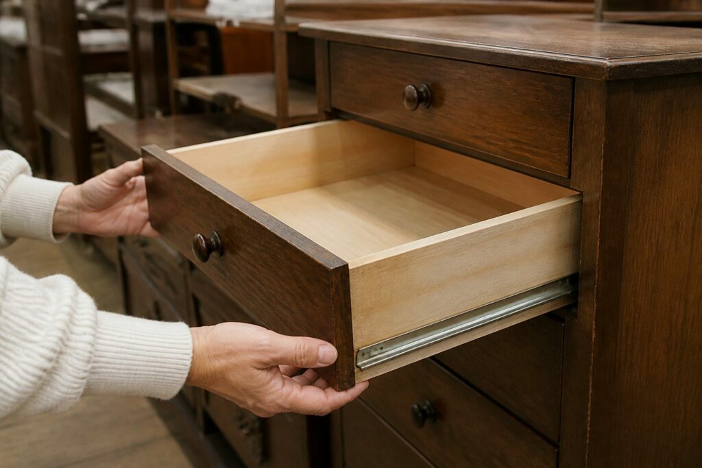 子供部屋用の中古チェストの引き出しや金具を確認する様子