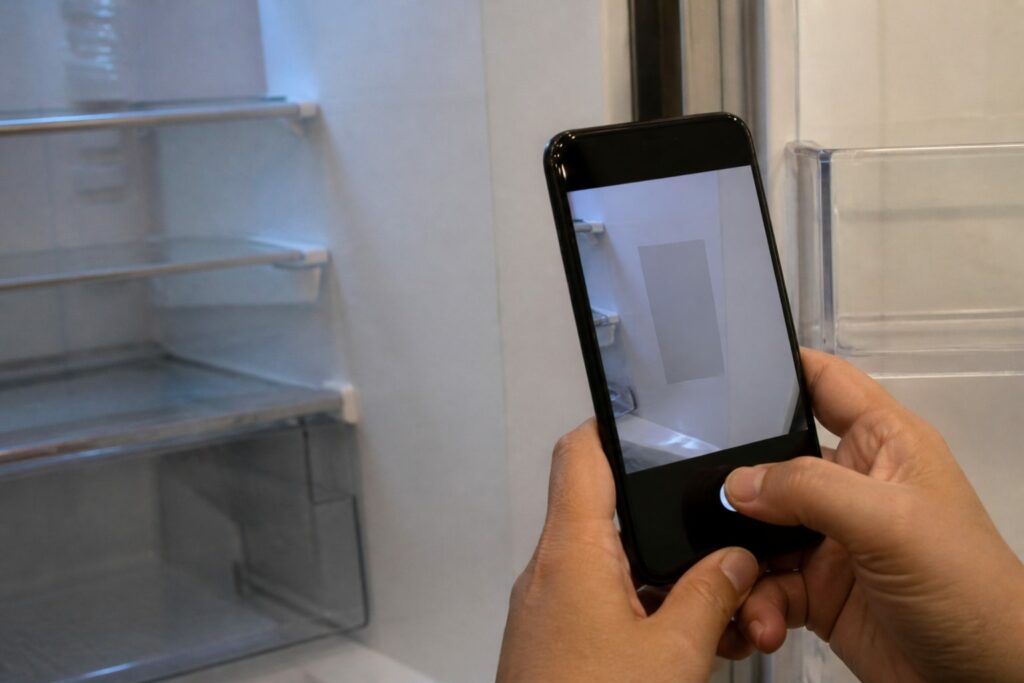 引越し家電の買取前に冷蔵庫の製造年ラベルを確認する様子