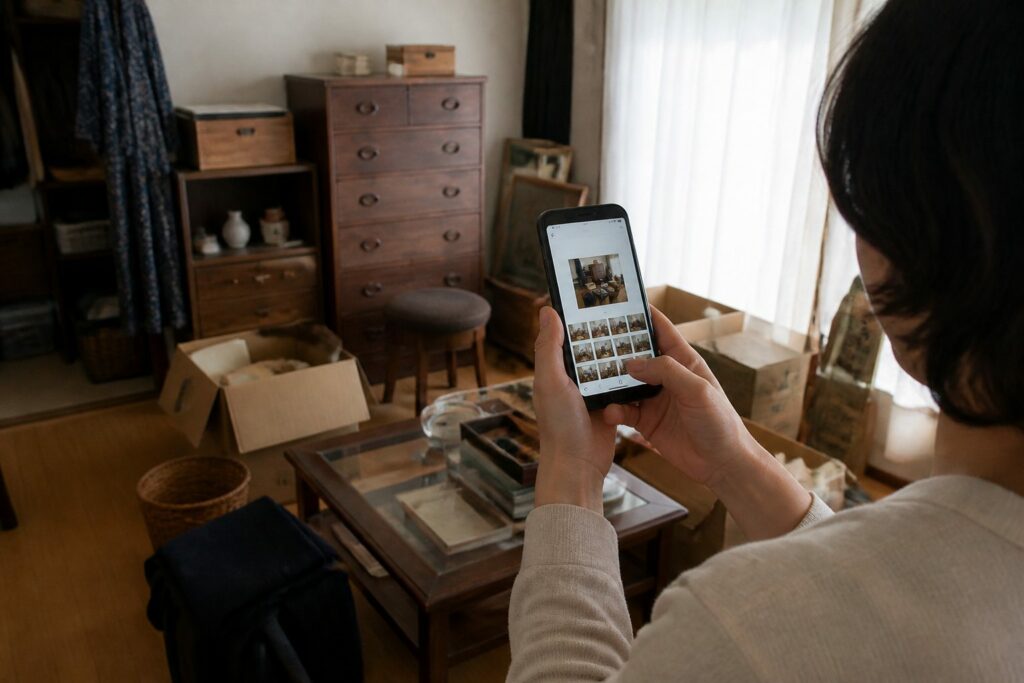 神奈川・東京の実家で遺品整理の家財写真を兄弟へ共有する様子