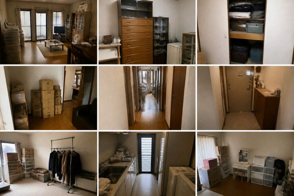 遠方からの遺品整理見積もりに必要な家財と搬出経路の写真を撮る様子
