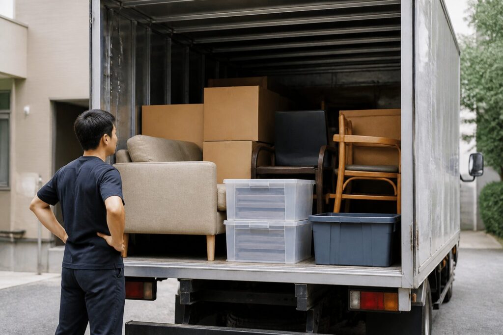 不用品回収のトラック積み放題で追加料金を防ぐため積載容量を確認する様子