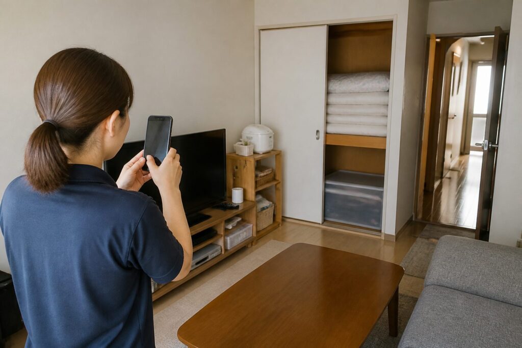 分別や箱詰めを依頼するため収納内部と搬出経路を撮影するイメージ